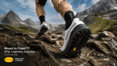 Corredor con Zapatillas Mount to Coast T1 en terreno técnico con suela Vibram Megagrip en acción