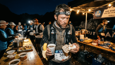 Corredor en avituallamiento de ultra trail comiendo y bebiendo para prevenir problemas gastrointestinales en carrera