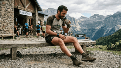 Corredor de trail running recuperando después de carrera con batido de proteína