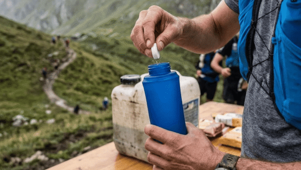 Corredor de trail running preparando una bebida con electrolitos y sales minerales durante una ultra trail en un avituallamiento.